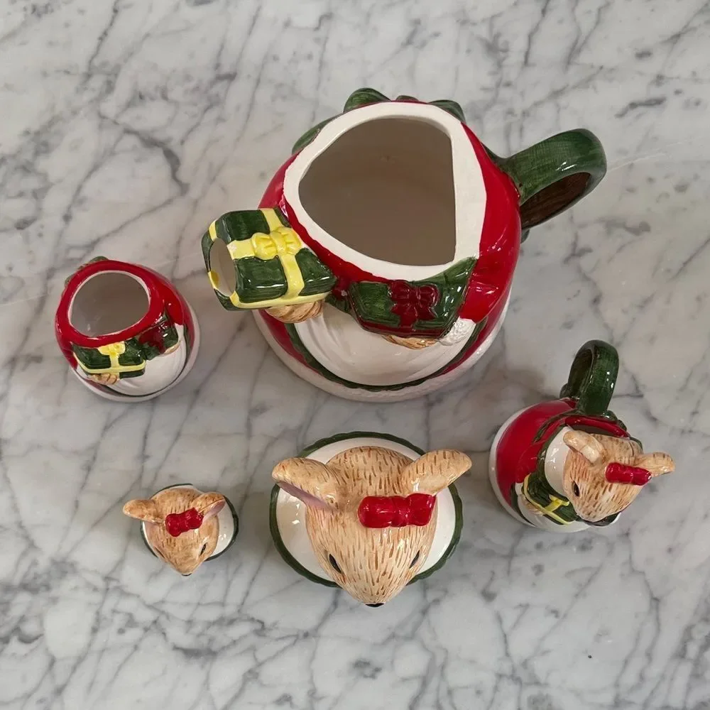 VTG Mrs Christmas Mouse Tea Set with Teapot, Sugar and creamer